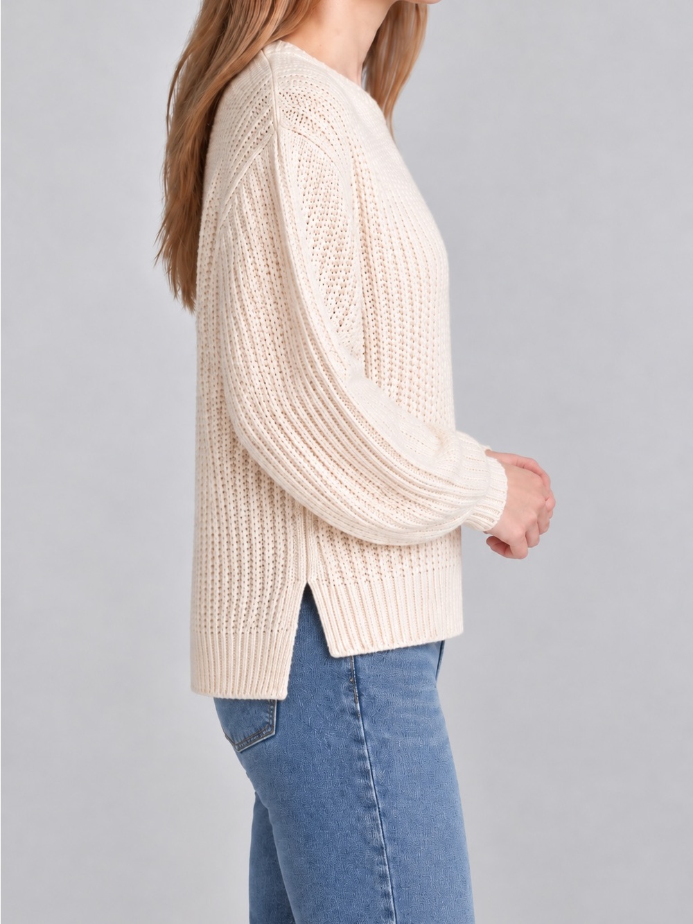 FRAME Off White Textured Knit High Low Sweater Balloon Sleeve Cotton Blend